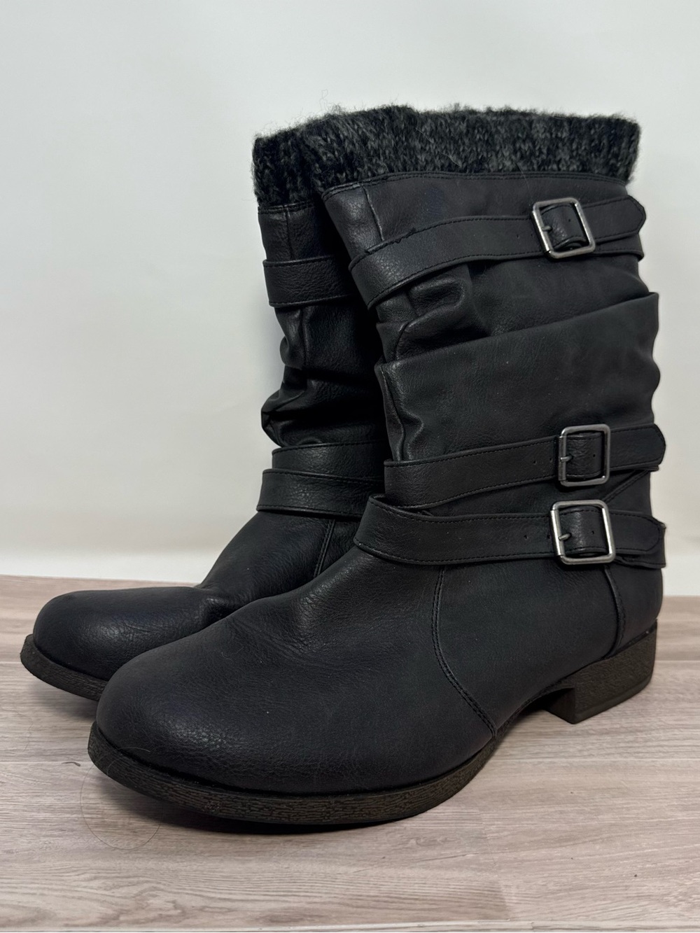 Women’s JustFab Black Faux-Leather Sweater Cuff Slouch Mid Calf Boot Size 9